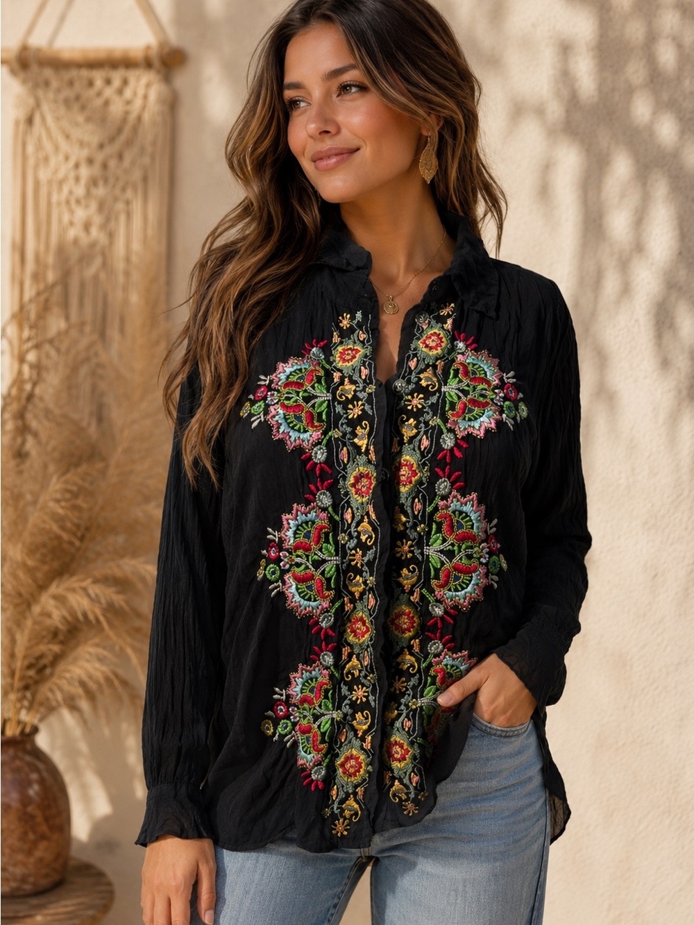 Johnny Was Black Embroidered Long-Sleeve Boho Blouse (192935) 🌼 🦋